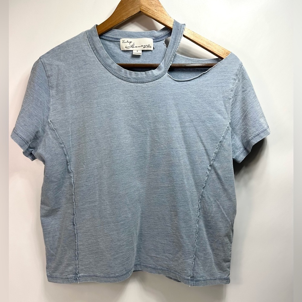 Vintage Havana Womens Cotton Distress Blue Crew Neck Cropped Tee Top Size Small